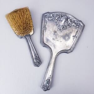 Antique 1924 Art Nouveau Hand Mirror & Brush Maiden Vanity Set w/ Dogwood Flower